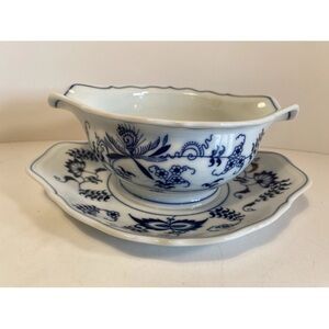 Vintage Blue Danube Blue Onion Gravy Bowl with attached drip plate